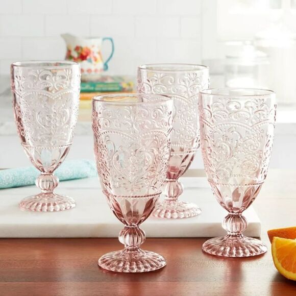 🦋 New Pioneer Woman Amelia 14.7-Ounce Footed Glass Goblets, Set of 8, Rose Red - Picture 4 of 7
